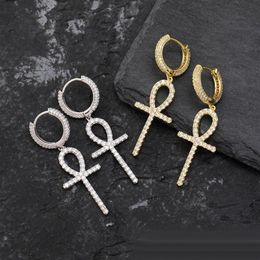 Iced Zircon Ankh Cross Earring Gold Silver Colour Micro Paved Bling CZ Stone Earrings For Man Women Hip Hop Jewelry3047