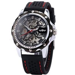 2022 neue Gewinner Schwarz Gummiband Automatische Mechanische Skeleton Uhr Für Männer Mode Getriebe Armbanduhr Reloj Armee Hombre Horloge3381