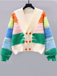 Women's Knits Tees Rainbow Knitted Sweater Women Autumn Winter Cardigan Ladies Casual Loose Double-Breasted Coat Female Vintage Soft V-Neck Jumper 230922
