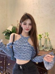 Women's T Shirts Sexy Off Shoulder Long Sleeve Fashion Crop Top Sweet Y2k Aesthetic Elegant T-shirt Korean Ruffles Slim Oversleeve Knitted