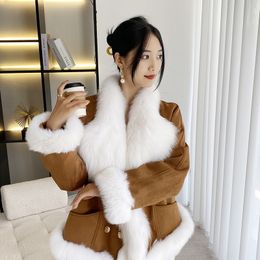 Womens Fur Faux Collar Coat Female Chamois Leather Korean Version Inner Goose Down Winter Top 230922