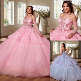 Pink Ball Gown Quinceanera Dresses Beaded Appliqued Prom Gowns With Long Sleeves Sweetheart Neckline Tulle Sweet 15 Corset Tiered Masquerade Dress