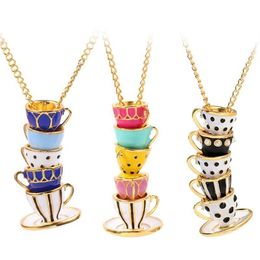 Pendant Necklaces Boho Hand Made Tea Cup Necklace Woman Collier Sweater Chain Clothing Accessories Long Enamel Collane Jewelry270t