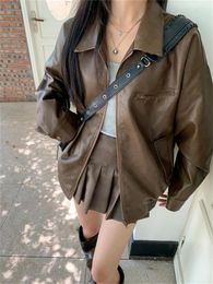 Women's Leather PLAMTEE OL Jackets Women Chic Loose Faux PU Fashion Casual 2023 Autumn Locomotive Daily Office Lady Slim High Street Coats