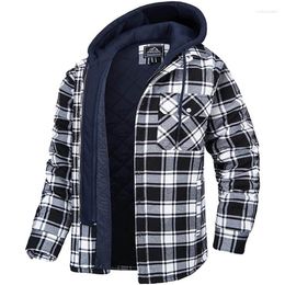 Men's Casual Shirts Flannel Shirt Jacket With Removable Hood Plaid Quilted Lined Winter Coats Thick Hoodie Outwear Man Fleece