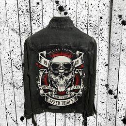 Men's Jackets Men's Cyberpunk Jacket Jean Denim Vintage Washed Black Skull Bone Harajuku Destroy Casual Heavy Metal Streetwear Motorcycle 230922