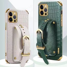 Luxury Business Leather Crocodile Texture Case holder Wallet case Wristband bracket For iPhone 15 14 mini Pro Max Xs Xr peterpoppy-3CXG92315