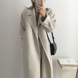 Kadın Yün Karışımları Palto Uzun Yün Ceket Ceket Kadınlar Sonbahar Kış Kavur Topkalı Bel Bant Düz Renk Overgarment Zarif Uzun Kollu Yün 230922