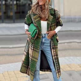 Women's Wool Blends Autumn Winter Fashion Longsleeved Lapel Printed Felt Green Blue Street Clothes Wear Ladies Office Long Coat Jackets 230922