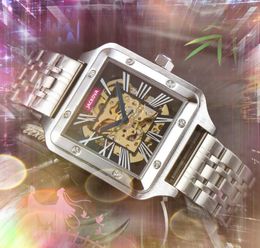 Popular tourbillon mechanical men watch hollow skeleton square roman tank dial design automatic movement Stainless Steel clock Self-wind Business Casual Watches