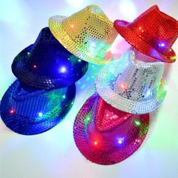 Party Hats 10pcs Child Adult Boy Girl Flash LED Glow Jazz Sequin Fedoras Hat Light up Cap Party Birthday Wedding Costumes Christmas 230923