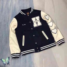 Men's Jackets Human Made Varsity Jacket Sheep Tweed Uniform Love Embroidery Leather Sleeve Men's Women's Baseball Jacket 230923