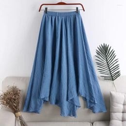 Skirts Summer Women Cotton Linen Skirt Ladies Empire Elastic Waist Thin With Lining Irregular Wave Hem Mid-Skirt Swing Long