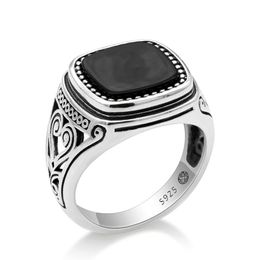 925 Sterling Silver Men Ring with Suqare Natural Black Stone Carved Design Thai Silver Ring for Women Men Turkish Jewelry326p