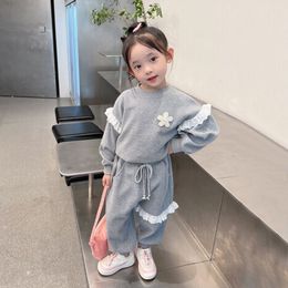 Clothing Sets Girls Casual Sweatshirt Set Autumn Childrens Cute Flower Splicing Tops Pants 2 Piece Spring Thin Section 18Y 230923