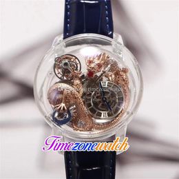 Astronomia Tourbillon Rose Gold Dragon Swiss Quartz Mens Watch Pave Piece Unique Fully Transparent Glass 3D Engraving Blue Leather174r