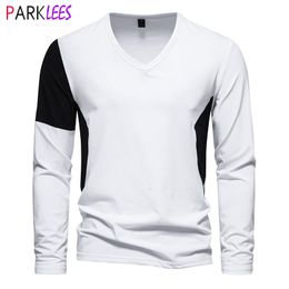 Men's T Shirts Black White Patchwork T Shirt for Men Slim Fit V Neck Mens Shirts Casual Contrast Colour Cotton Tee Homme Camiseta 2XL 230923