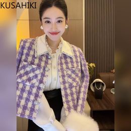 Women's Jackets KUSAHIKI Autumn Tweed Women Jackets Fashion Purple Turn-down Collar Elegant Caridgan Coat Korean Chic Outwear Tops 230922