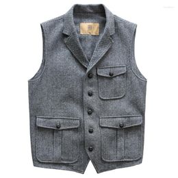 Men's Vests Tweed Vest Safari Style 3-Pockets Grey Semi-formal Waistcoat