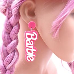 Fashion Stud Barbies Letter Drop Earrings White Pink Sparkling Acrylic Pendants Charm Creative Cute Kawaii Design Jewelry Accessories for Women Girl Cosplay Gift