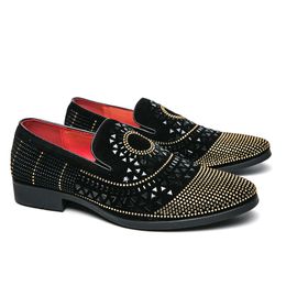 Black Rhinestone Men Dress Shoes Velvet Crystal Luxury Moccasins Mens Loafers Office Business Party Man casual Shoes For Boys Party Boots 38-47