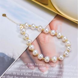 Charm Bracelets Natrual Round Freshwater Pearl For Women Real 18k Yellow Gold Strand Baby Girl Gift 230307245z