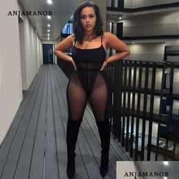 Womens Tracksuits Anjamanor Y Mesh Patchwork 2 Piece Sets Bodysuit Leggings See Through Black Club Outfits For Women Wholesale Items D Dhmj7