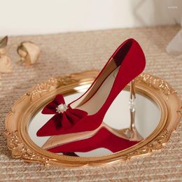 Dress Shoes Wedding Wine Red 2023 Summer Fine Heel Suede High Heels Chinese Bridal For Women Womenshoes