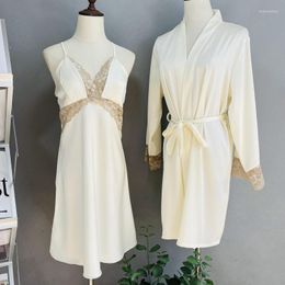 Women's Sleepwear Spring Summer Women Nightgown Sets 2 Pieces Nightdress Bathrobe With Chest Pad Female Satin Kimono Bath Gown Sleepwea