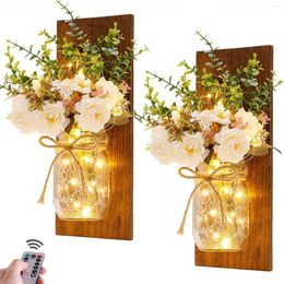 Decorative Flowers Retro Wood Mason Jar Wall Lamp Simulation Flower Peony Rose Send Remote Berries Artificial Potted