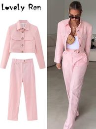 Women's Two Piece Pants Pink Cropped Blazer Jacket Long Pant Sets For Women Summer Pocket Suit Straight Pants Baddie Two Pieces Sets Female Chic Outfits 230922