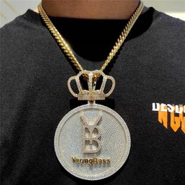 High Quality Gold Plated Full Bling CZ Diamond Round Crown Letter Pendant Necklace for Mens Women with 3mm 24inch Rope Chain Hip H2370