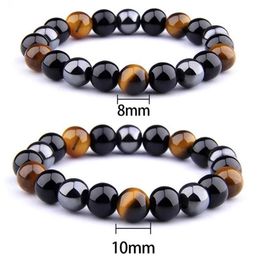 Natural Stone Bracelet Tiger Eye Triple Protection Hematite Black Obsidian Health Energy For Men Women Gifts Beaded Strands235N