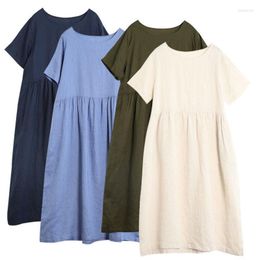 Casual Dresses Women Short Sleeve Dress Loose Hem Cotton Linen Midi Long Skirt Summer Vestidos Office Lady Beach Sundress Female