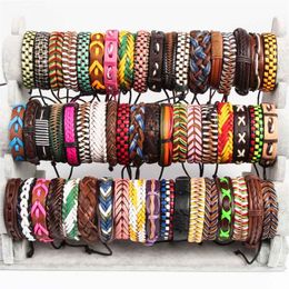 whole 100pcs Cuff Leather Bracelets Handmade Genuine Leather fashion bracelet bangles for Men Women Jewelry mix colors brand n259u