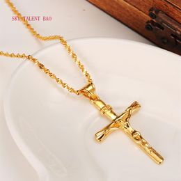 Men Cross Necklace Pendant Women INRI Juses Crucifix Christianity Jewellery 24K Yellow Solid Gold GF INBI Jesus of Nazareth King2379