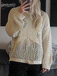 Women's Sweaters Weekeep Distressed Crochet Star Sweater Pullovers Oversized Loose Holes Knitted Jumper Smock Y2k Harajuku Streetwear 90s Sweater 230923