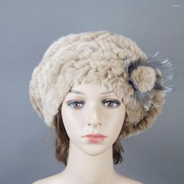Berets Russia Luxury Winter Women Real Genuine Hat Soft Rex Fur Gift For Mom Headwear Elastic Knitted Beanies Caps