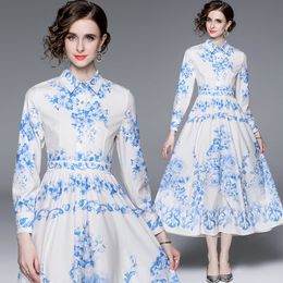 Boutique Women Printed Dress Long Sleeve Flroal Dress Spring Autumn Printed Dresses High-end Temperament Lady Dress OL Dresses Runway Dess