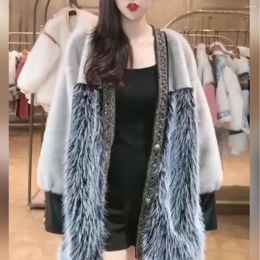 Women's Fur Fashion Trend Long Sleeve Jacket Coat For Women 2023 Winter Warm Wool Patchwork Sequins Casual Loose Overcoat