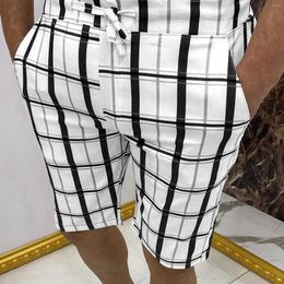 Men's Shorts Men Casual Plaid Printed Business Mid Waist Drawstring With Pockets