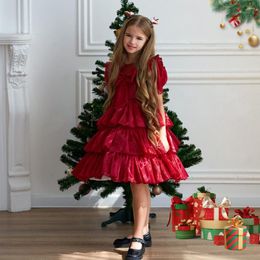 Girl Dresses Red Flower For Wedding Christmas Year Puffy Short Sleeve First Communion Gown Birthday Christening Dress