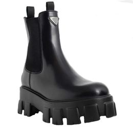 Chelsea-Stiefel, Designer-Schuhe, modische Stiefeletten mit Dreiecksschnalle, Dekoration, 100 % Rindsleder, Damenschuhe, dicker Plateauboden, Combat Ankle Designer-Stiefel, Größe 35–41