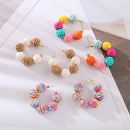 Hoop Earrings Cute Colorful Straw Rattan Knit Ball For Women Geometric Round Circle Bohemia Jewelry