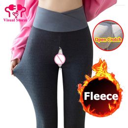 Active Pants Woman Winter Open Crotch Fleece Thick Leggings Inble Zipper Outdoor Sport Crotchless Clubwear Warm Keep Thermal