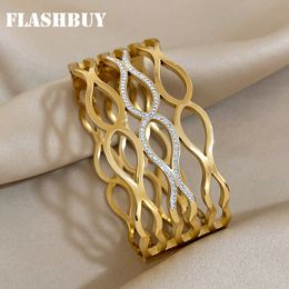 Bangle FLASHBUY 316L Stainless Steel Hollow Water Drop Wide Bangle Bracelets For Women Trend Gold Colour Jewellery Gifts Pulsera 230923