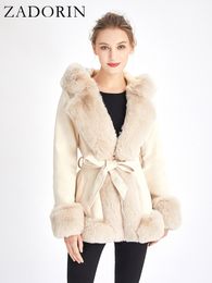 Women's Fur Faux Fur ZADORIN Winter Coat Women Furry Hood Suede Black Faux Fur Coat With Belt Thick Warm Fur Cardigan Faux Fur Jackets for Women 230923