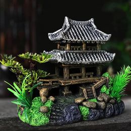 Aquariums Aquarium Decoration Resin Ancient House Jiangnan Hut Fish Tank Landscaping Accessories Background Simulation Crafts 230923