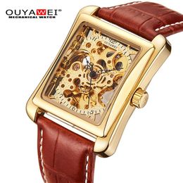 OUYAWEI Mechanical Watch Men brand Wristwatch Leather Strap Self Wind Gold Skeleton Watch For Case Rectangle Sport Montre Homme242E