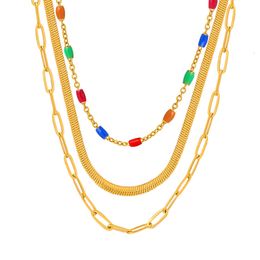 Chokers Minar Retro Three Layered Multicolor Enamel Herringbone Link Chains Necklaces for Women 18K Gold Plated Stainless Steel Choker 230923